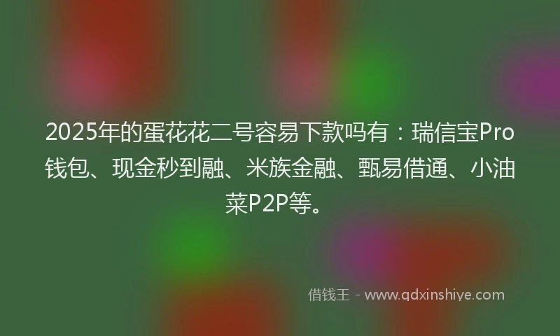 2025年的蛋花花二号容易下款吗有：瑞信宝Pro钱包、现金秒到融、米族金融、甄易借通、小油菜P2P等。