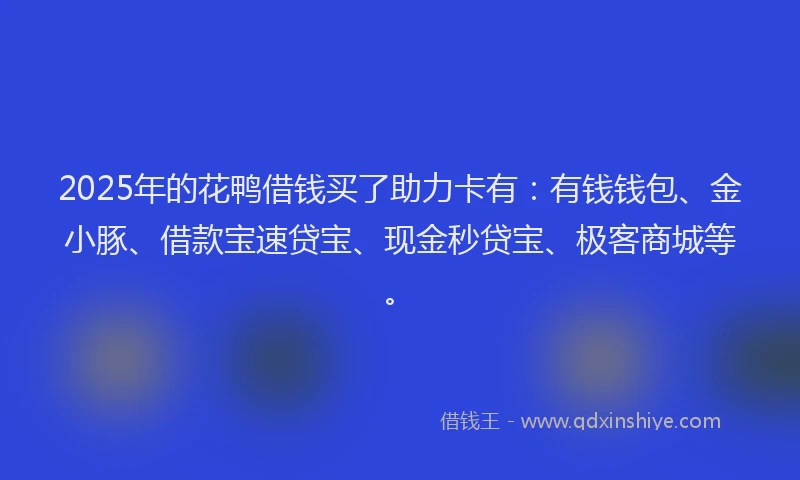 2025年的花鸭借钱买了助力卡有：有钱钱包、金小豚、借款宝速贷宝、现金秒贷宝、极客商城等。