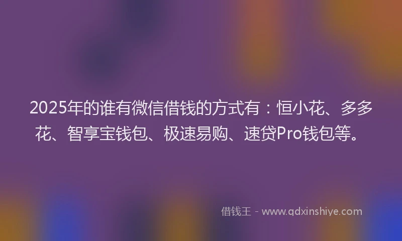 2025年的谁有微信借钱的方式有：恒小花、多多花、智享宝钱包、极速易购、速贷Pro钱包等。