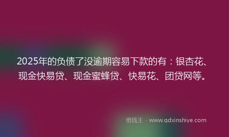 2025年的负债了没逾期容易下款的有：银杏花、现金快易贷、现金蜜蜂贷、快易花、团贷网等。