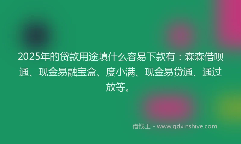 2025年的贷款用途填什么容易下款有：森森借呗通、现金易融宝盒、度小满、现金易贷通、通过放等。