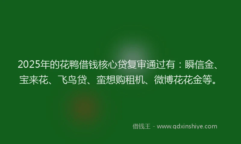 2025年的花鸭借钱核心贷复审通过有：瞬信金、宝来花、飞鸟贷、蛮想购租机、微博花花金等。