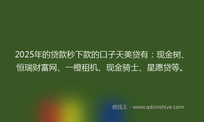 2025年的贷款秒下款的口子天美贷有：现金树、恒瑞财富网、一橙租机、现金骑士、星愿贷等。