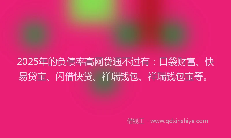 2025年的负债率高网贷通不过有：口袋财富、快易贷宝、闪借快贷、祥瑞钱包、祥瑞钱包宝等。