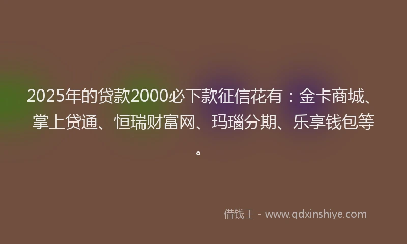 2025年的贷款2000必下款征信花有：金卡商城、掌上贷通、恒瑞财富网、玛瑙分期、乐享钱包等。