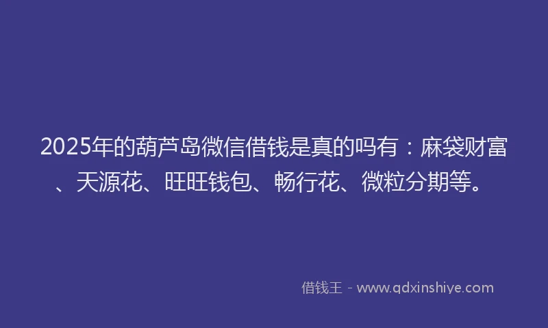2025年的葫芦岛微信借钱是真的吗有：麻袋财富、天源花、旺旺钱包、畅行花、微粒分期等。