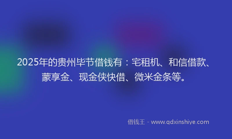 2025年的贵州毕节借钱有：宅租机、和信借款、蒙享金、现金侠快借、微米金条等。