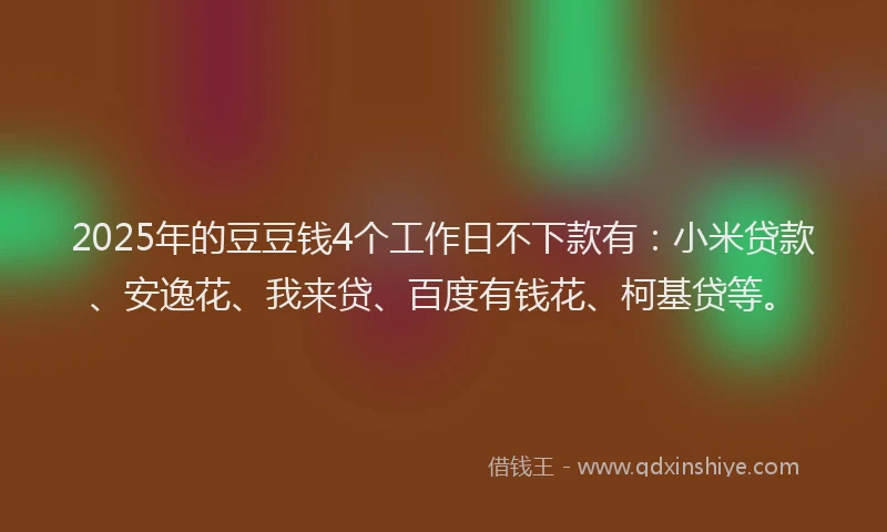2025年的豆豆钱4个工作日不下款有：小米贷款、安逸花、我来贷、百度有钱花、柯基贷等。