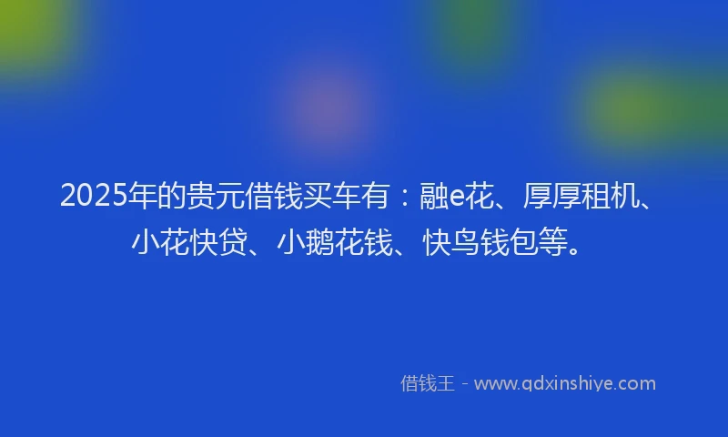 2025年的贵元借钱买车有：融e花、厚厚租机、小花快贷、小鹅花钱、快鸟钱包等。