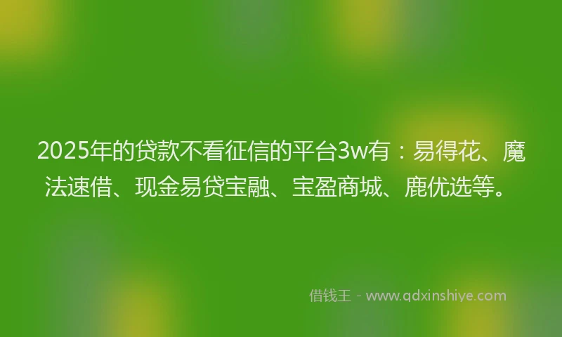2025年的贷款不看征信的平台3w有：易得花、魔法速借、现金易贷宝融、宝盈商城、鹿优选等。