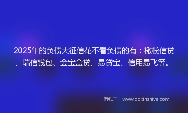 2025年的负债大征信花不看负债的有：橄榄信贷、瑞信钱包、金宝盒贷、易贷宝、信用易飞等。