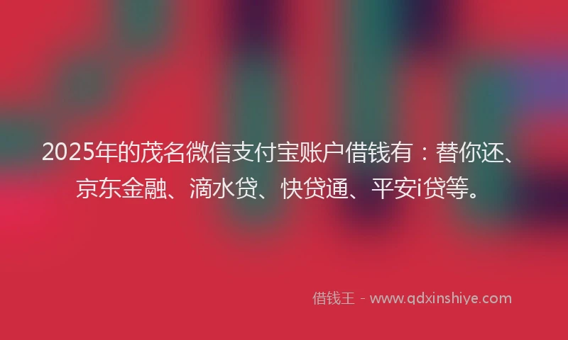 2025年的茂名微信支付宝账户借钱有：替你还、京东金融、滴水贷、快贷通、平安i贷等。