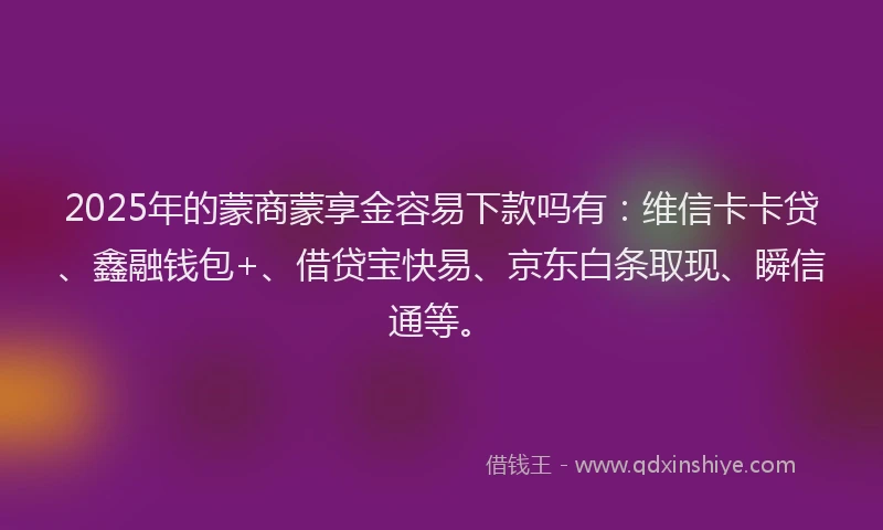 2025年的蒙商蒙享金容易下款吗有：维信卡卡贷、鑫融钱包+、借贷宝快易、京东白条取现、瞬信通等。