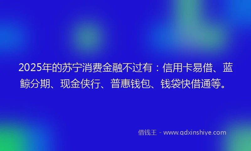 2025年的苏宁消费金融不过有：信用卡易借、蓝鲸分期、现金侠行、普惠钱包、钱袋快借通等。