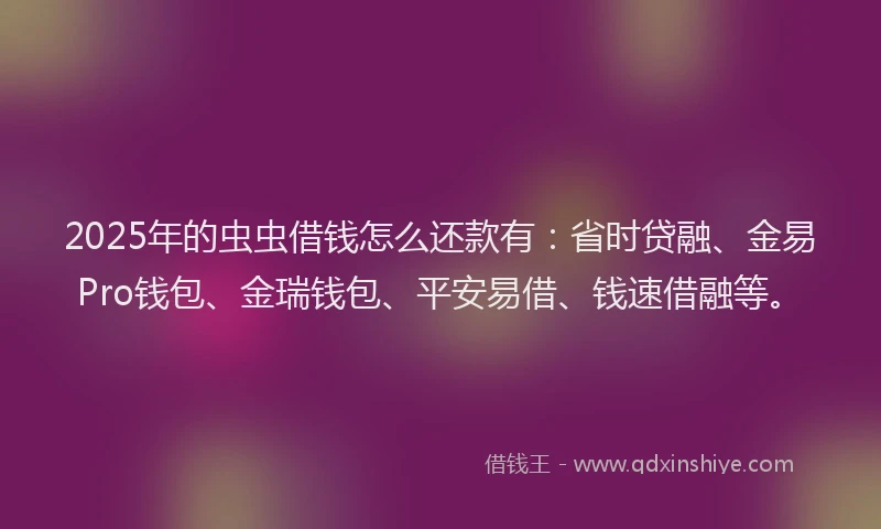 2025年的虫虫借钱怎么还款有：省时贷融、金易Pro钱包、金瑞钱包、平安易借、钱速借融等。