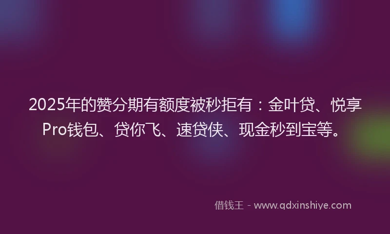 2025年的赞分期有额度被秒拒有：金叶贷、悦享Pro钱包、贷你飞、速贷侠、现金秒到宝等。