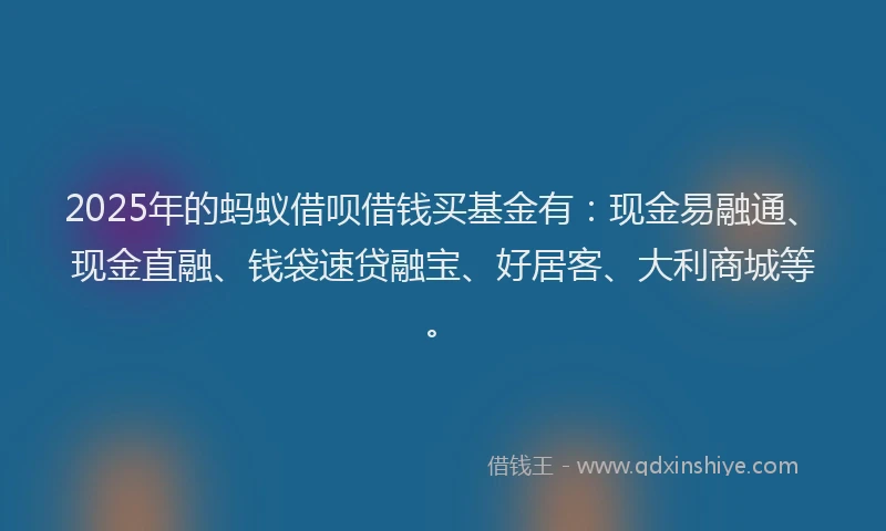 2025年的蚂蚁借呗借钱买基金有：现金易融通、现金直融、钱袋速贷融宝、好居客、大利商城等。