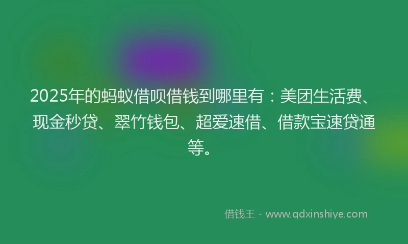 2025年的蚂蚁借呗借钱到哪里有：美团生活费、现金秒贷、翠竹钱包、超爱速借、借款宝速贷通等。