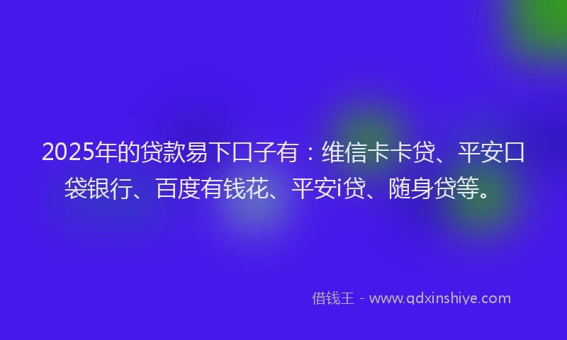 2025年的贷款易下口子有：维信卡卡贷、平安口袋银行、百度有钱花、平安i贷、随身贷等。