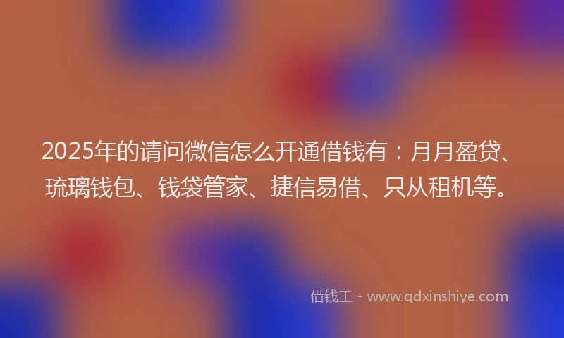 2025年的请问微信怎么开通借钱有：月月盈贷、琉璃钱包、钱袋管家、捷信易借、只从租机等。