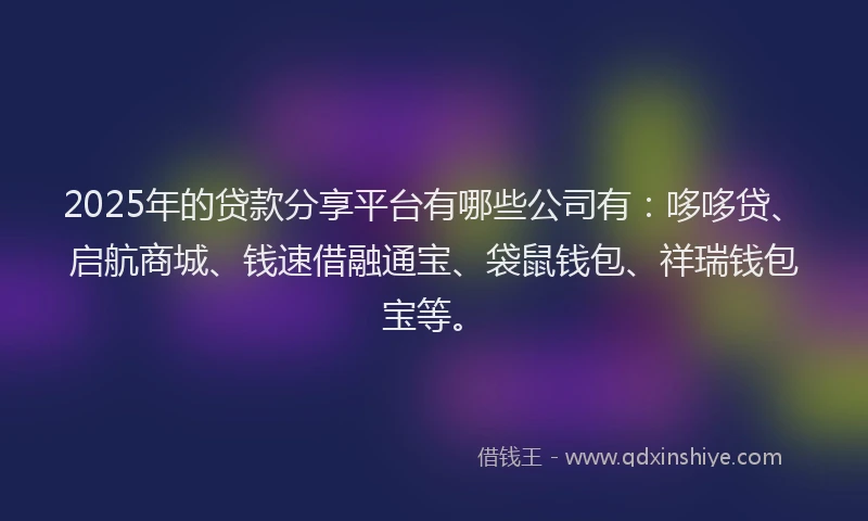 2025年的贷款分享平台有哪些公司有：哆哆贷、启航商城、钱速借融通宝、袋鼠钱包、祥瑞钱包宝等。