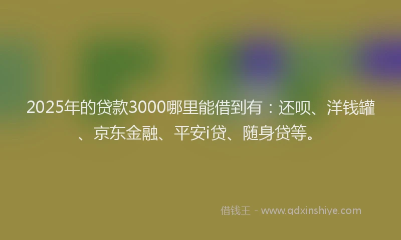2025年的贷款3000哪里能借到有：还呗、洋钱罐、京东金融、平安i贷、随身贷等。