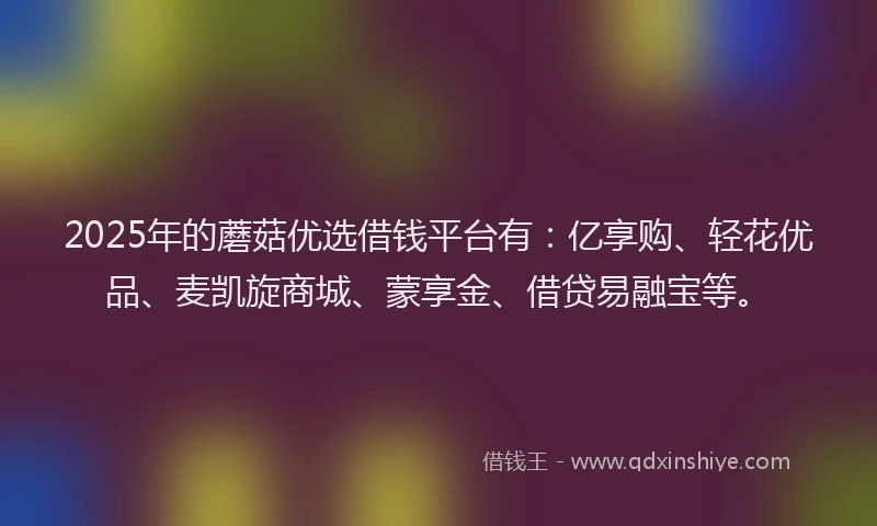 2025年的蘑菇优选借钱平台有：亿享购、轻花优品、麦凯旋商城、蒙享金、借贷易融宝等。