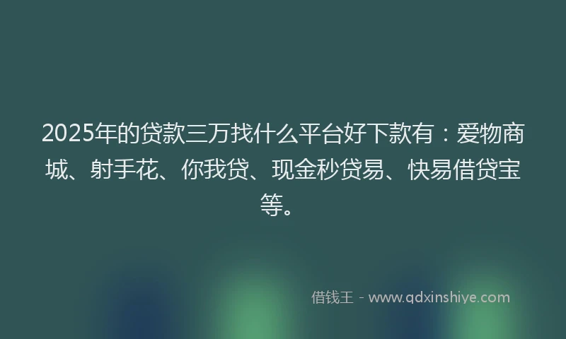 2025年的贷款三万找什么平台好下款有：爱物商城、射手花、你我贷、现金秒贷易、快易借贷宝等。