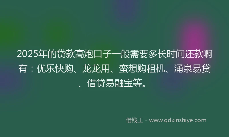 2025年的贷款高炮口子一般需要多长时间还款啊有：优乐快购、龙龙用、蛮想购租机、涌泉易贷、借贷易融宝等。
