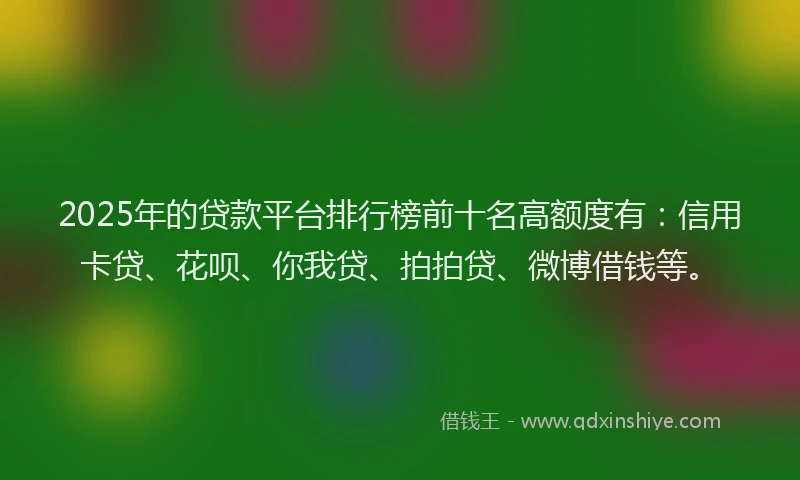 2025年的贷款平台排行榜前十名高额度有：信用卡贷、花呗、你我贷、拍拍贷、微博借钱等。