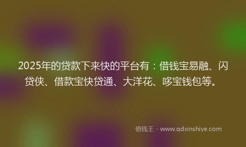 2025年的贷款下来快的平台有：借钱宝易融、闪贷侠、借款宝快贷通、大洋花、哆宝钱包等。