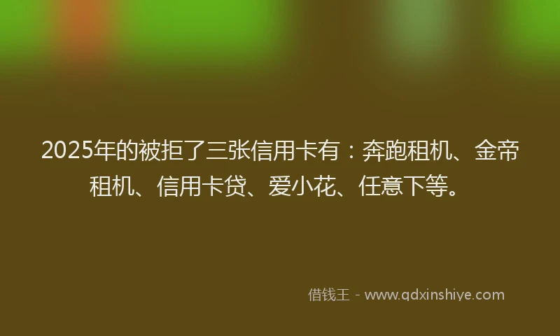 2025年的被拒了三张信用卡有：奔跑租机、金帝租机、信用卡贷、爱小花、任意下等。