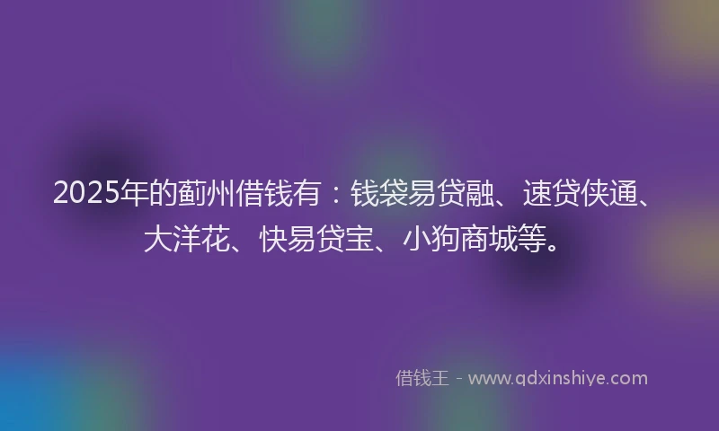 2025年的蓟州借钱有：钱袋易贷融、速贷侠通、大洋花、快易贷宝、小狗商城等。