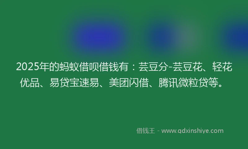 2025年的蚂蚁借呗借钱有：芸豆分-芸豆花、轻花优品、易贷宝速易、美团闪借、腾讯微粒贷等。