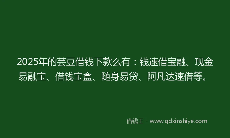 2025年的芸豆借钱下款么有：钱速借宝融、现金易融宝、借钱宝盒、随身易贷、阿凡达速借等。