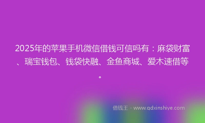2025年的苹果手机微信借钱可信吗有：麻袋财富、瑞宝钱包、钱袋快融、金鱼商城、爱木速借等。