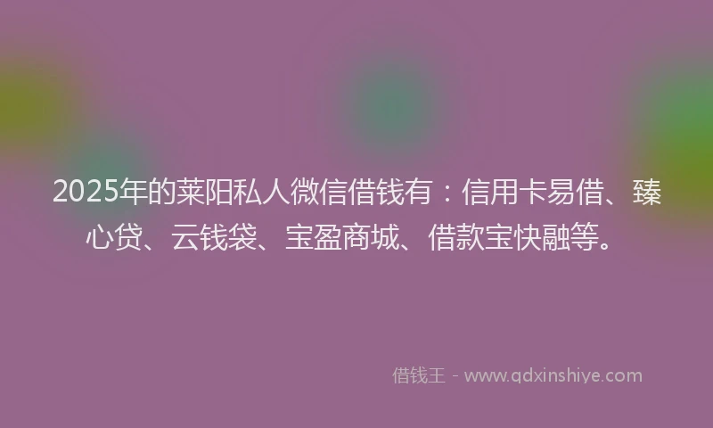 2025年的莱阳私人微信借钱有：信用卡易借、臻心贷、云钱袋、宝盈商城、借款宝快融等。