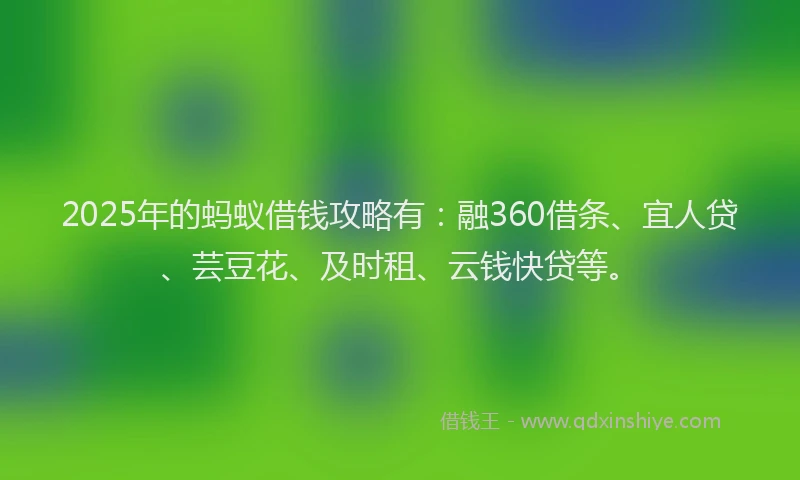 2025年的蚂蚁借钱攻略有：融360借条、宜人贷、芸豆花、及时租、云钱快贷等。