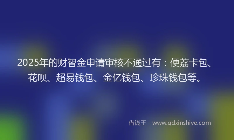 2025年的财智金申请审核不通过有：便荔卡包、花呗、超易钱包、金亿钱包、珍珠钱包等。