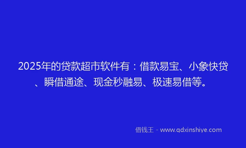 2025年的贷款超市软件有：借款易宝、小象快贷、瞬借通途、现金秒融易、极速易借等。
