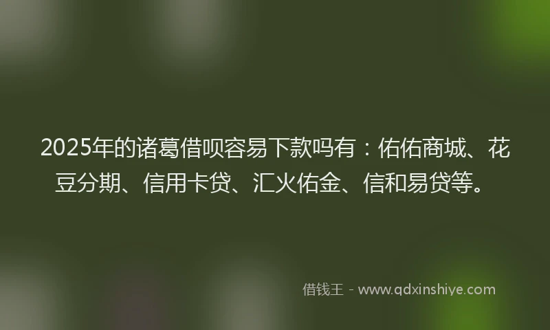 2025年的诸葛借呗容易下款吗有：佑佑商城、花豆分期、信用卡贷、汇火佑金、信和易贷等。