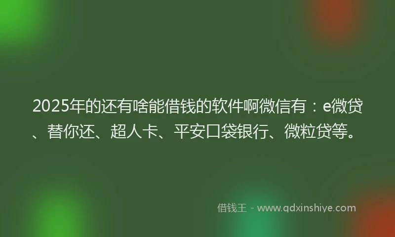 2025年的还有啥能借钱的软件啊微信有：e微贷、替你还、超人卡、平安口袋银行、微粒贷等。