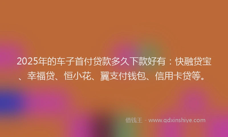 2025年的车子首付贷款多久下款好有：快融贷宝、幸福贷、恒小花、翼支付钱包、信用卡贷等。