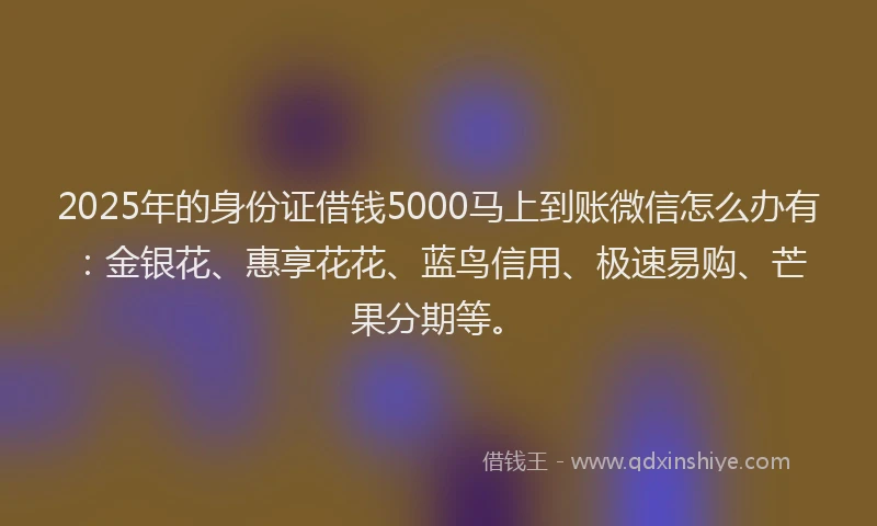 2025年的身份证借钱5000马上到账微信怎么办有：金银花、惠享花花、蓝鸟信用、极速易购、芒果分期等。