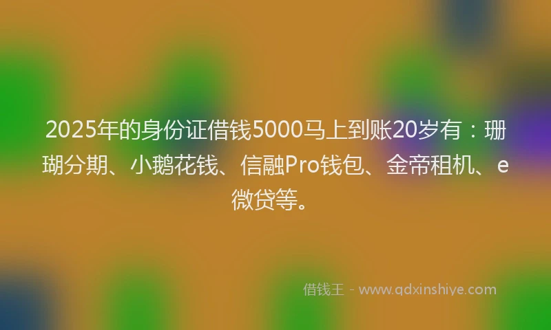 2025年的身份证借钱5000马上到账20岁有：珊瑚分期、小鹅花钱、信融Pro钱包、金帝租机、e微贷等。