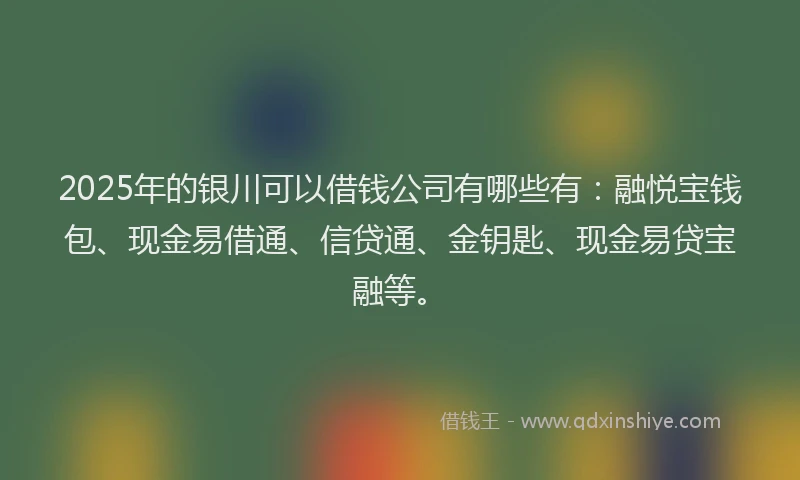 2025年的银川可以借钱公司有哪些有：融悦宝钱包、现金易借通、信贷通、金钥匙、现金易贷宝融等。