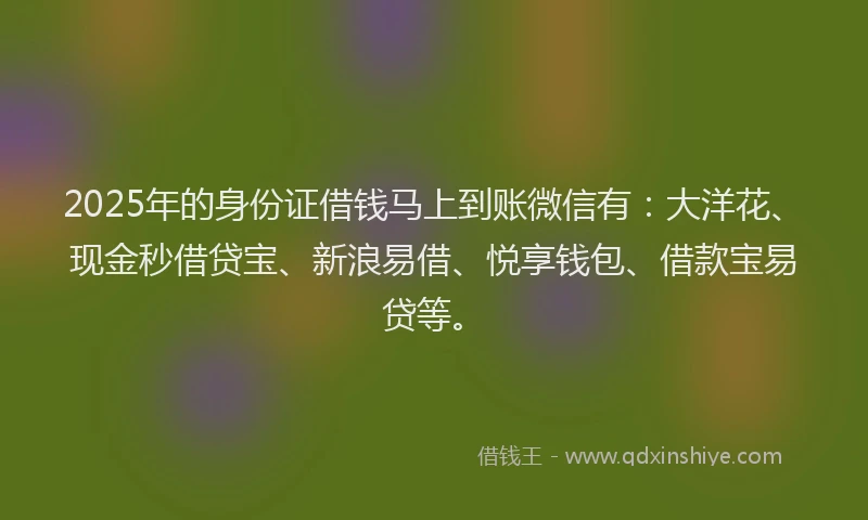 2025年的身份证借钱马上到账微信有：大洋花、现金秒借贷宝、新浪易借、悦享钱包、借款宝易贷等。