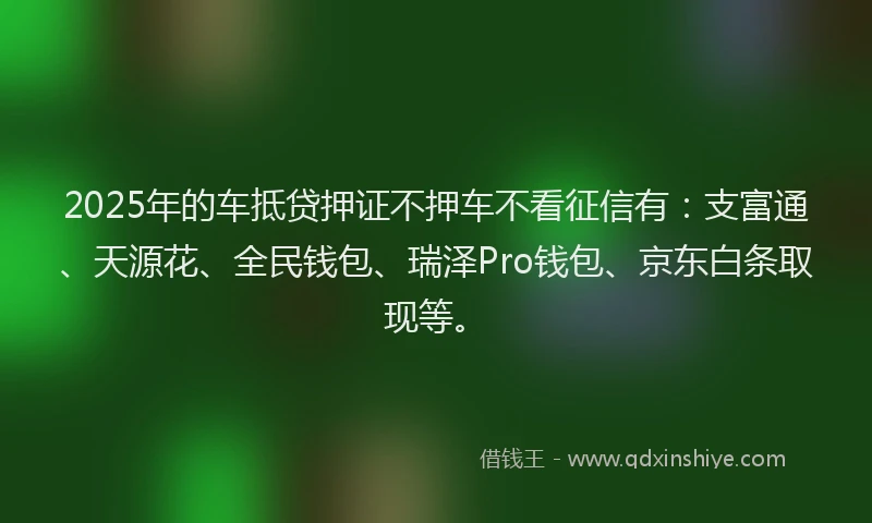 2025年的车抵贷押证不押车不看征信有：支富通、天源花、全民钱包、瑞泽Pro钱包、京东白条取现等。