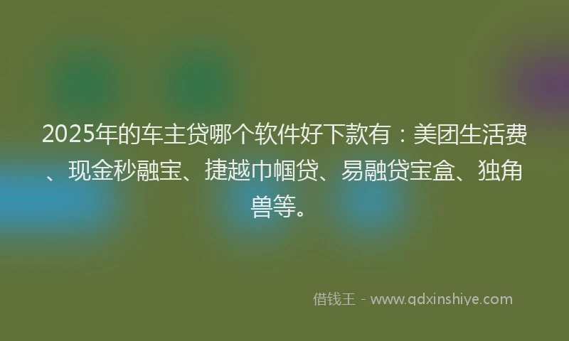2025年的车主贷哪个软件好下款有：美团生活费、现金秒融宝、捷越巾帼贷、易融贷宝盒、独角兽等。
