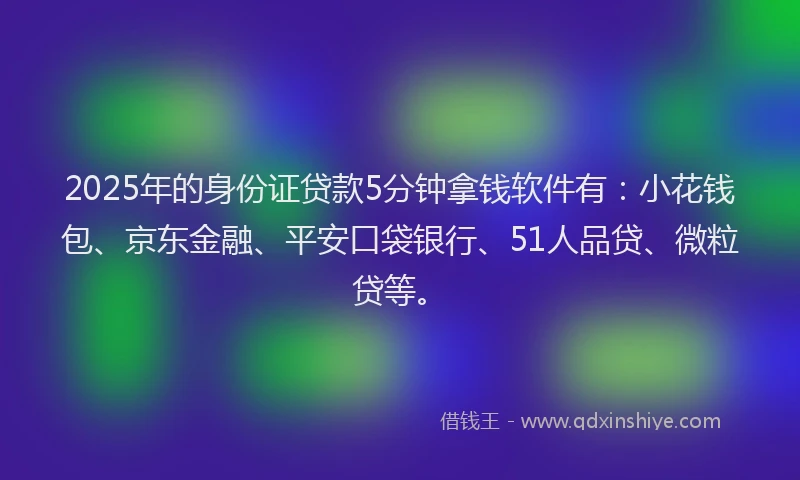 2025年的身份证贷款5分钟拿钱软件有：小花钱包、京东金融、平安口袋银行、51人品贷、微粒贷等。